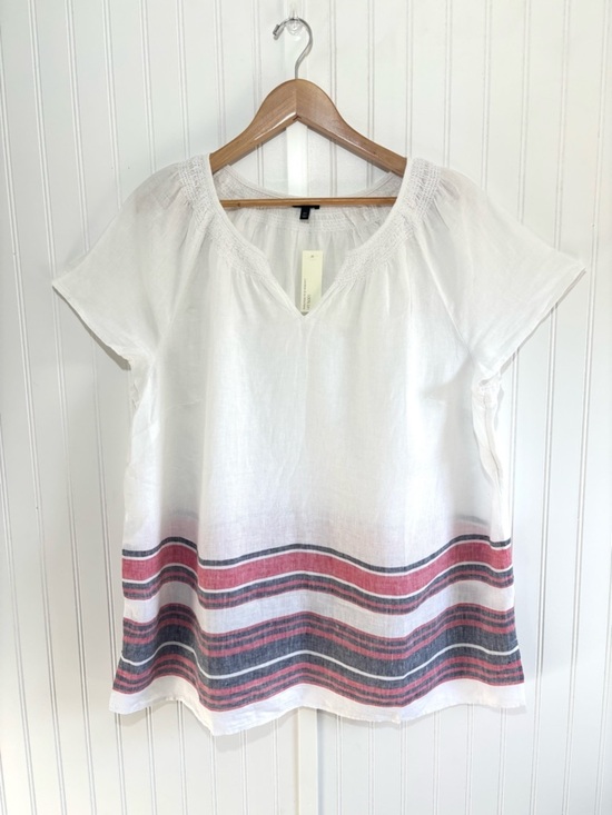 Talbots Tops - Talbots Linen Border Stripe Top Red White & Blue Smocked Neck Short Sleeve 2X
